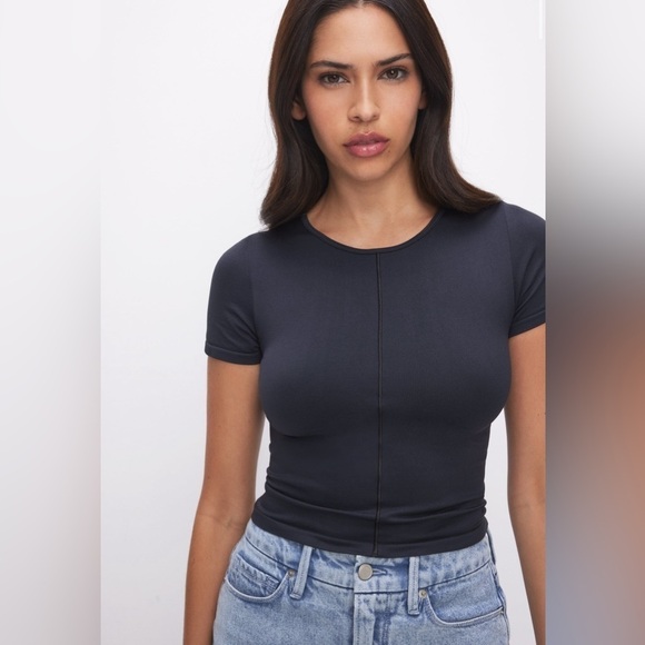 NWT GOOD AMERICAN Women’s So Soft Sculpted Tee in Black001 Sz 00/0 - Picture 1 of 11